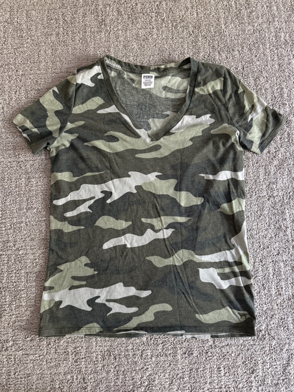 PINK Victoria's Secret Olive Green Camo V‑Neck Tee